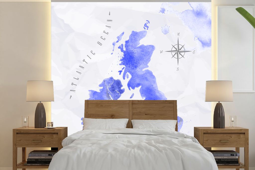 MuchoWow Fototapete für Wohnzimmer oder Schlafzimmer Wandtapete Vinyl Motivtapete Aquarell - England - Karte - 350x350 cm - Schlafzimmertapete