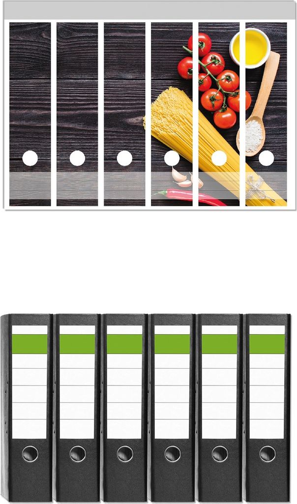 Wallario 6 Stück breite Ordner inkl. Klebeetiketten mit Motive Italienisches Menü mit Spaghetti, Tomaten, Salz und Chilischoten - Set mit Rücken...