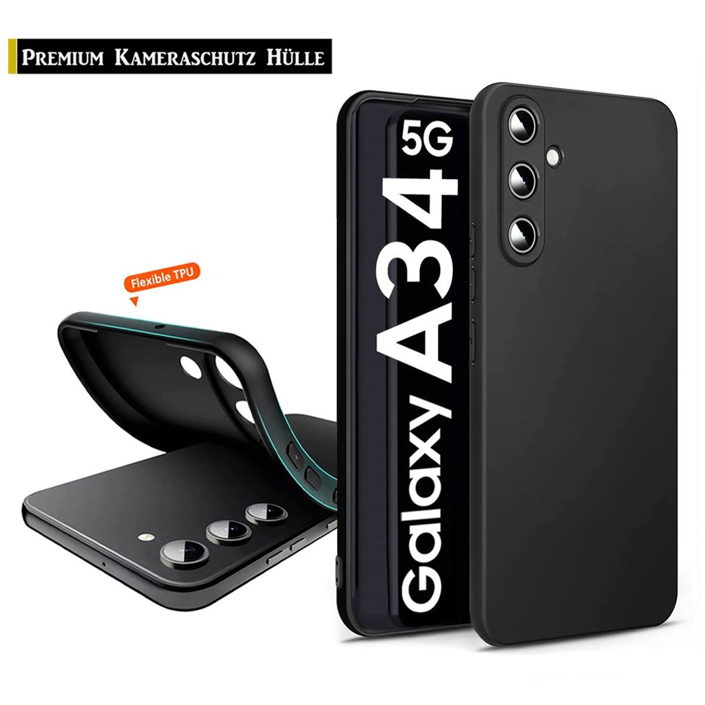 A black phone case is shown with a phone inside, highlighting its camera protection and flexibility.
