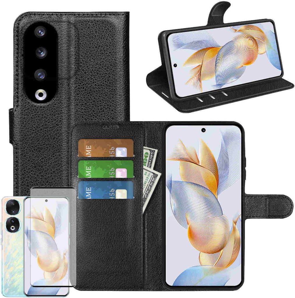 Für Honor 90 Pro 5G Handy Tasche Schwarz Etuis Kunst-Leder Hülle Case + Curved H9 Hart Glas