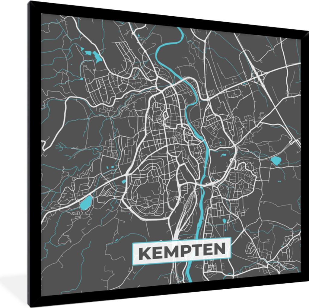 MuchoWow Gerahmtes Poster Stadtplan - Deutschland - Blau - Kempten - Karte 40x40 cm - Poster mit Schwarzem Bilderrahmen Wandposter Rahmen Foto Bi...