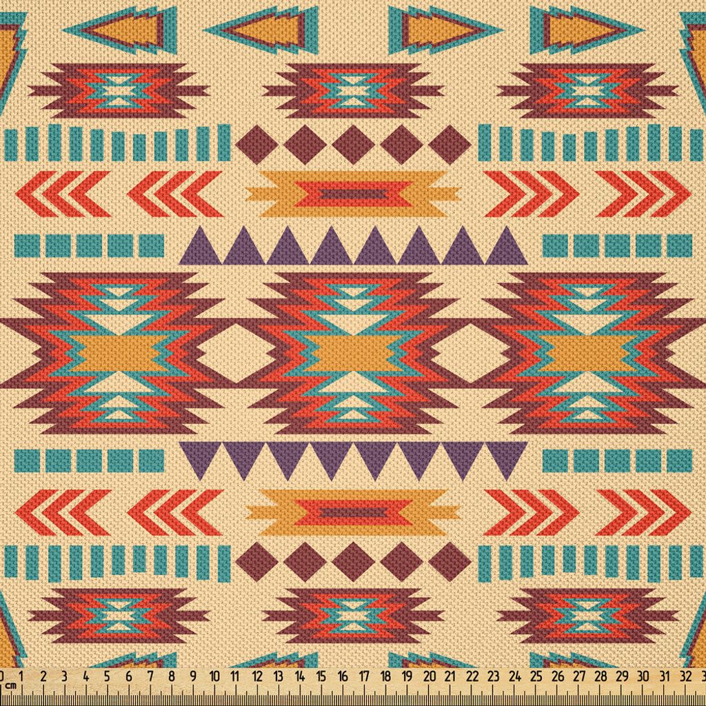 ABAKUHAUS Stammes Satin Stoff als Meterware, Bunte ethnische Themed Muster mit traditionellen Geometrische Elemente, 3 M (148 x 300 cm), Blasse Pfi...