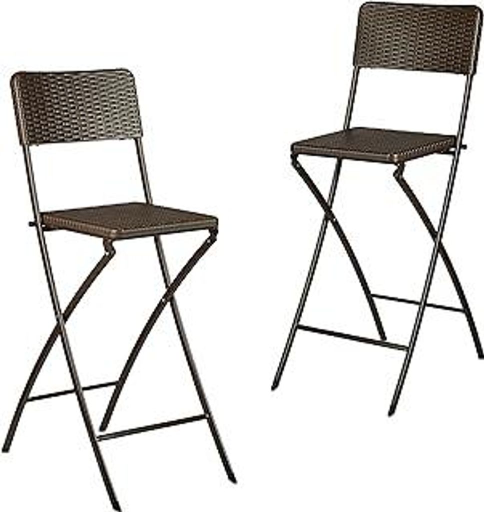 Barhocker klappbar, 2er Set, Rattan-Optik, Rückenlehne, HBT: 115 x 44 x 63 cm, Barstuhl, PE & Metall, braun