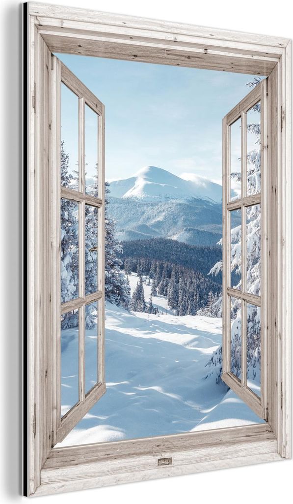 MuchoWow Wanddekoration Metall Metallbild Wandkunst 90x120 cm Durchsichtig - Winter - Landschaft - Natur - Berg - Bäume - Weiß MuchoWow Aluminium...