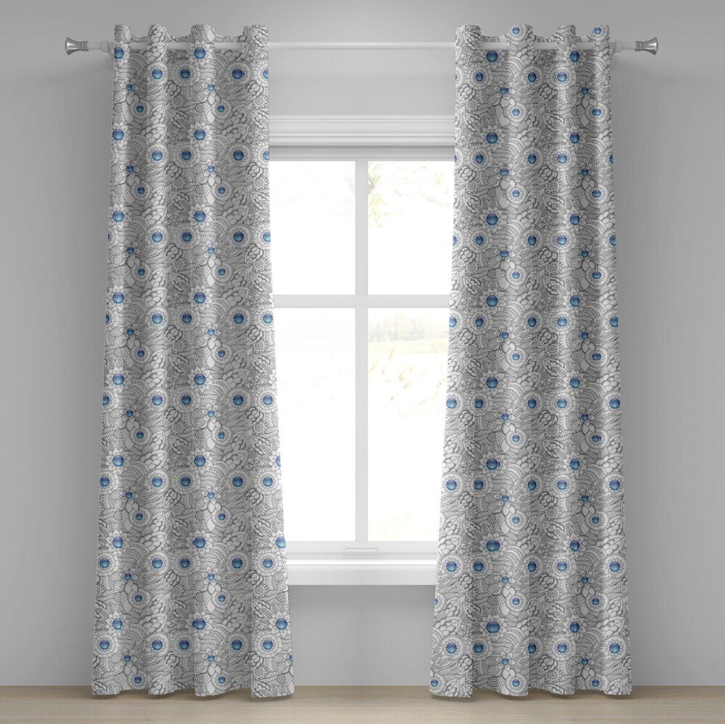 ABAKUHAUS Blumen Ösenvorhang, Dekorative Hand gezeichnete Blumen und Blätter-blaue Punkt-Gekritzel-Muster-abstrakte Kunst, Dekorative 2-Panel-Fen...