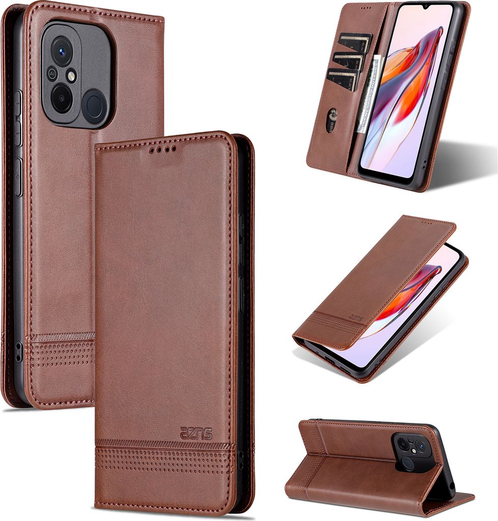 Leder Hülle für Xiaomi Redmi 12C / Poco C55, Klapphüllen Brieftasche Magnetverschluss Ständer Schutzhülle Kaffee