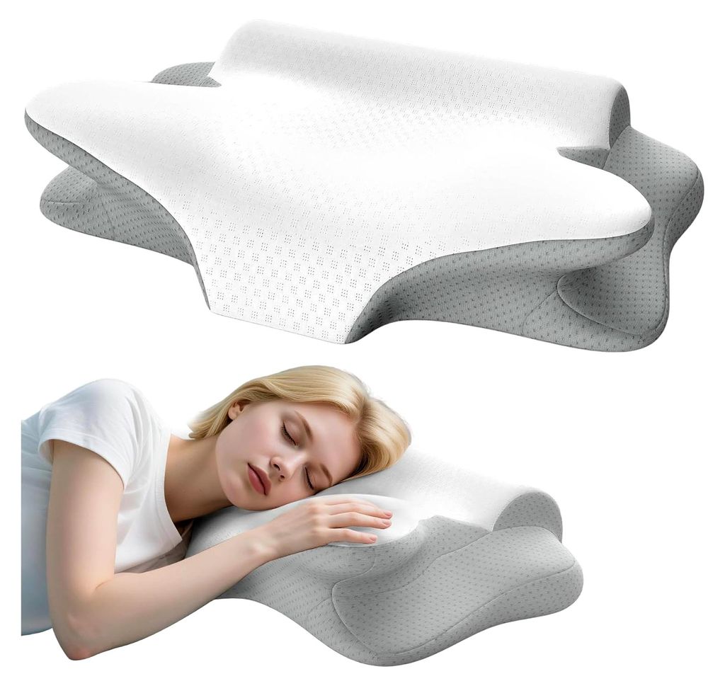 Nackenkissen aus Memory Foam, Ergonomisches Orthopädisches Kopfkissen Viscoschaum für Seiten-, Rücken- und Bauchschläfer, Nackenstützkissen, 6...
