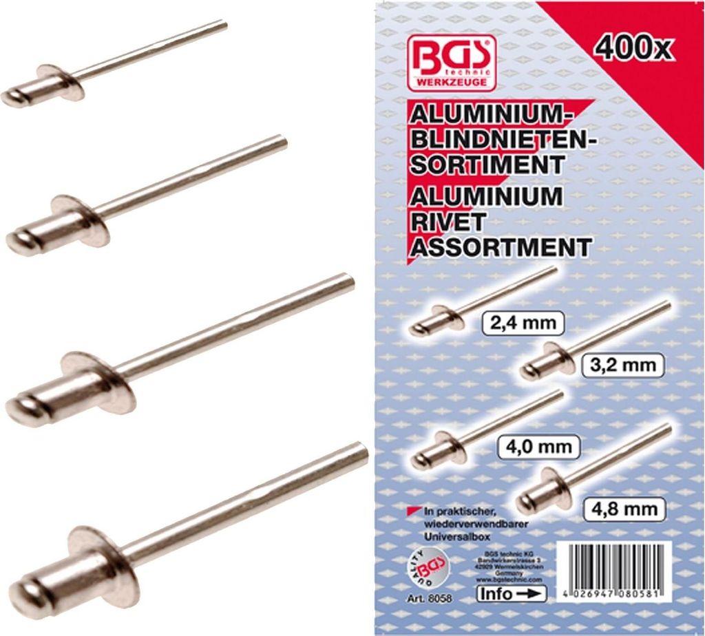 BGS 8058 Blindnieten-Sortiment, Alu, 400-tlg.