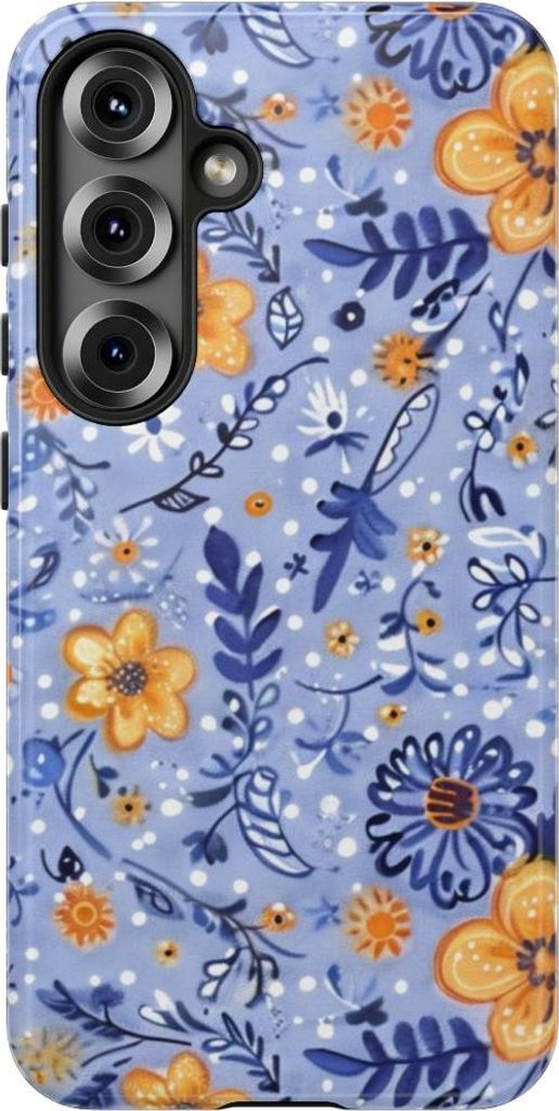 Blumenmuster in Blau und Orange – Hülle Kompatibel mit Samsung Galaxy S25