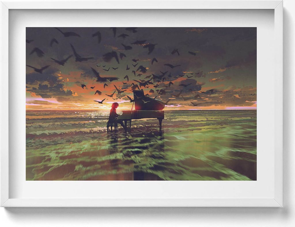 Konzert am Strand– Wandbild mit Rahmen – Gerahmtes Bild – Wanddekoration – 70x50 cm – Schwarz Rahmen