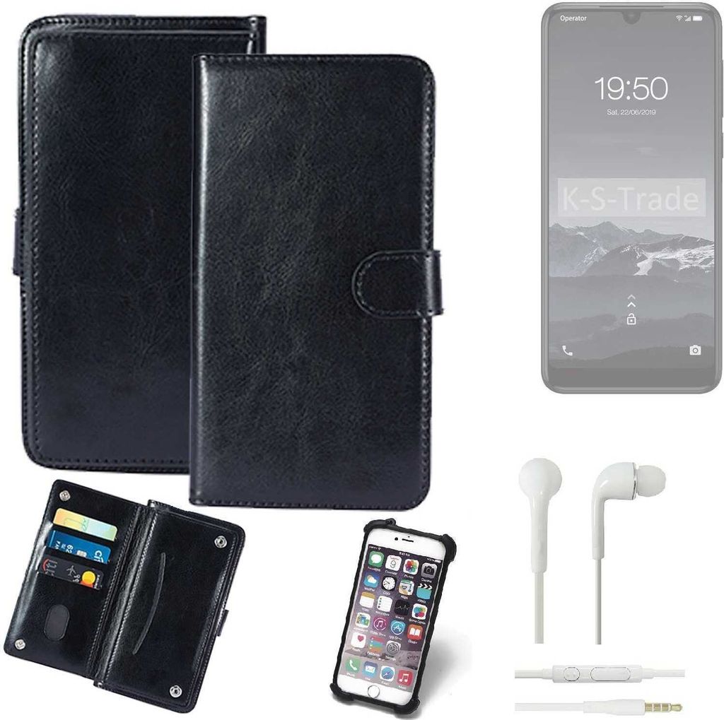 K-S-Trade 360° Hülle kompatibel mit Qilive Q3 inkl. Headphones schwarz Kunstleder Case BookCase WalletCase Kunstlederederhülle Handyhülle,