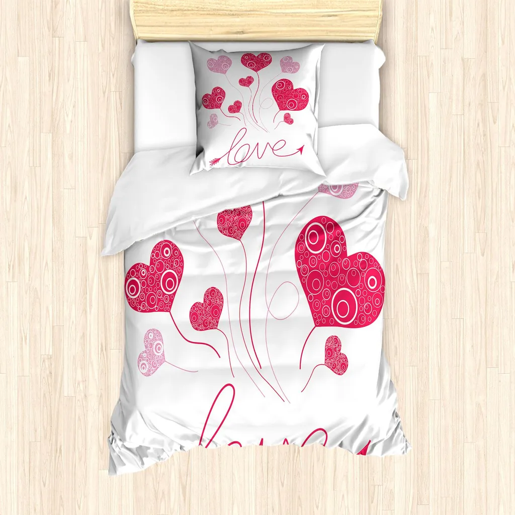 ABAKUHAUS Set copripiumino Love, cuori in forma di palloncini, tema divertimento e felicità, stampa retrò, 135 x 200 cm + 80 x 80 cm, magenta, rosa, bianco