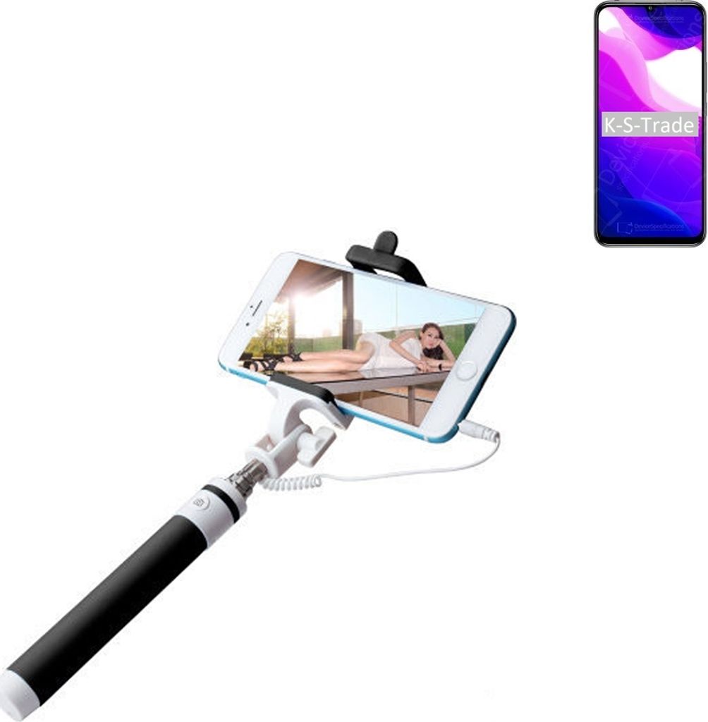 K-S-Trade Selfie Stick kompatibel mit Xiaomi Mi 10 Lite 5G Selfiestick kabelgebunden Monopod mit Kabel Stab Stange Selfportrait Handheldstick schwarz