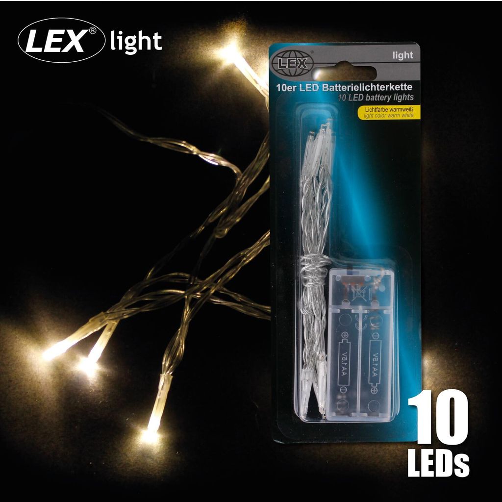 A product package for LED battery lights against a dark background.