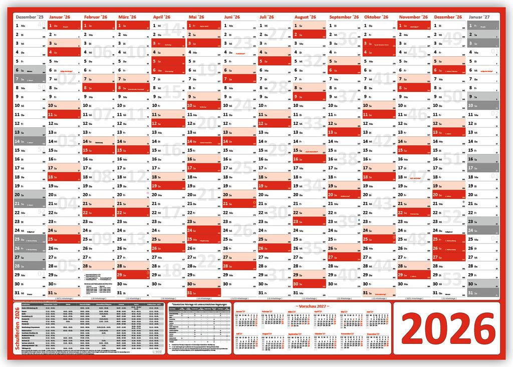XXL Wandkalender Wandplaner 2026 rot (gerollt) DIN A0 Format (841 x 1189 mm) 14 Monate komplette Jahresvorschau Folgejahr und Ferientermine Feierta...