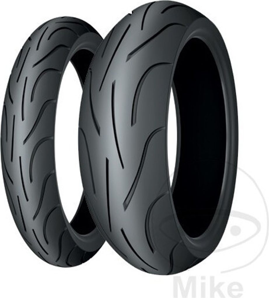 Two motorcycle tires are shown against a white background.