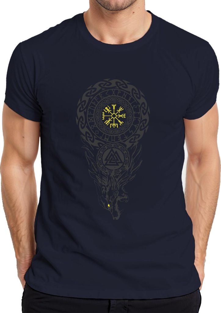 Wikinger Vegvísir Valknut Fenriswolf Nordisch Runen Valhalla Herren T-Shirt, Navy, S