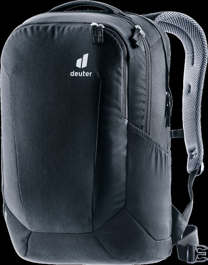 A black Deuter backpack is shown against a black background.