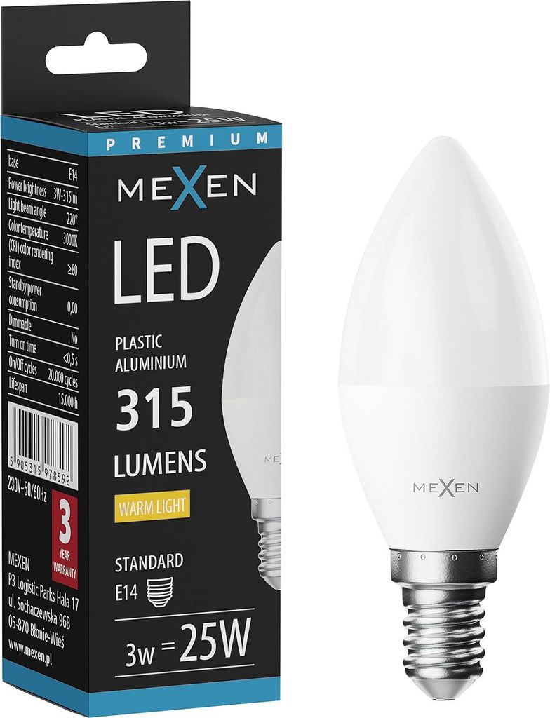 Mexen Nova LED-Lampe E14, C37, 3W, Warm - 3000K, 315 lm - L102-E14-0330-01