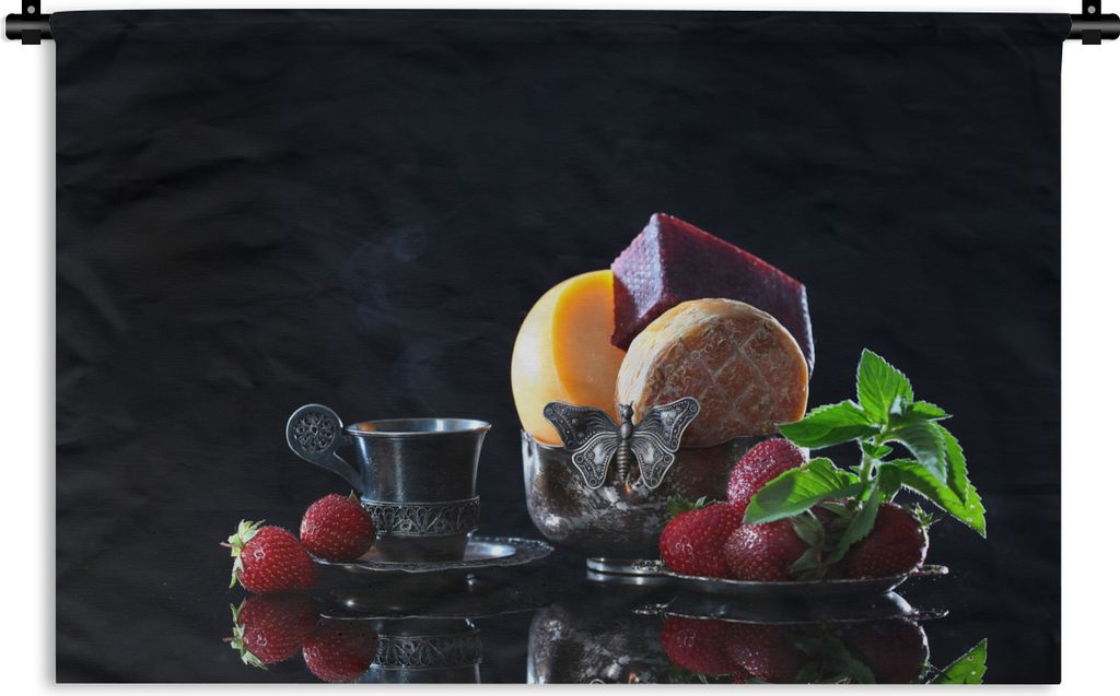 MuchoWow Wandteppich Wandbehang Rustikal - Obst - Käse - Tisch - Stilleben 60x40 cm Tapisserie Dekoration Wandtuch - Wanddekorationen