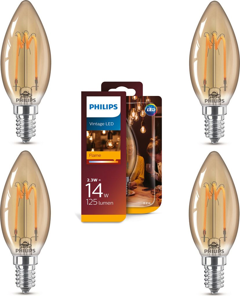 A product shot of Philips LED filament light bulbs and their packaging.