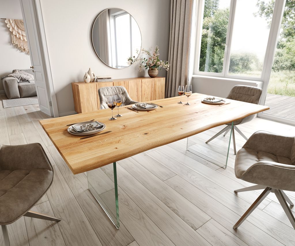 DELIFE Esstisch Edge 200x100x2,5-3 Eiche Natur Glas Live-Edge