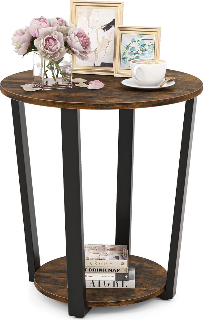 COSTWAY Runder Beistelltisch, 2-stufiger Akzenttisch mit offener Ablage Industrieller Nachttisch Rustikales Braun