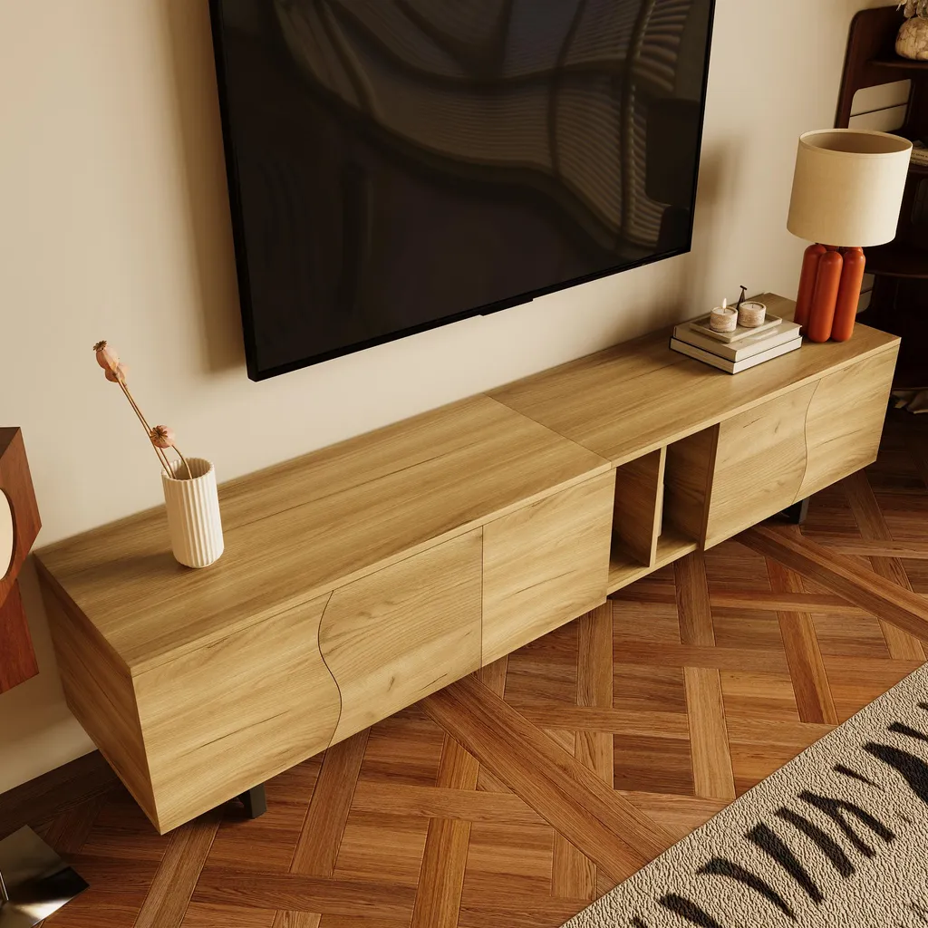 Meuble TV Bas 191 cm Design Unique, Support TV avec 5 Compartiments Fermés - 5