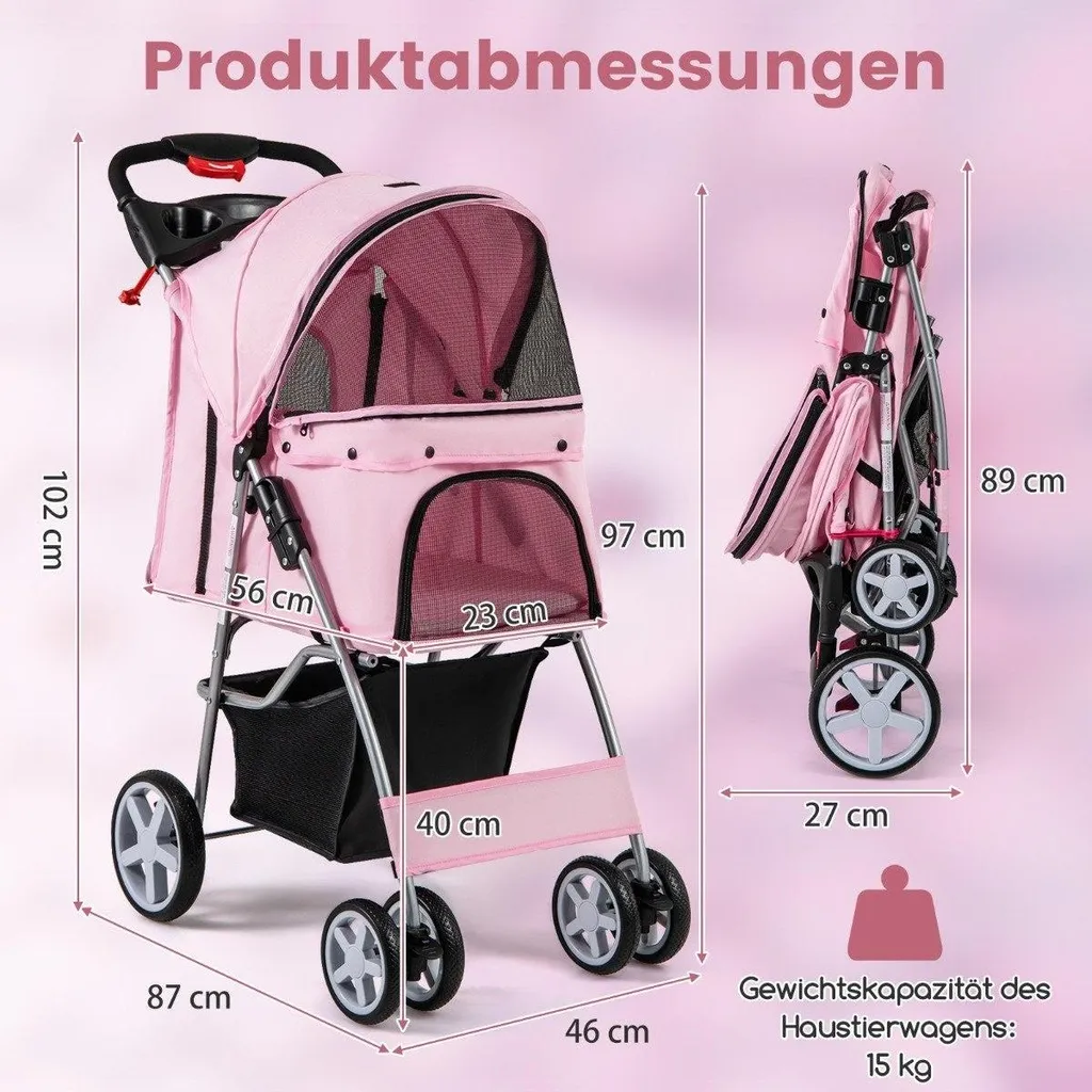Poussette animaux 15kg : baladez votre chien sans fatigue en rose
