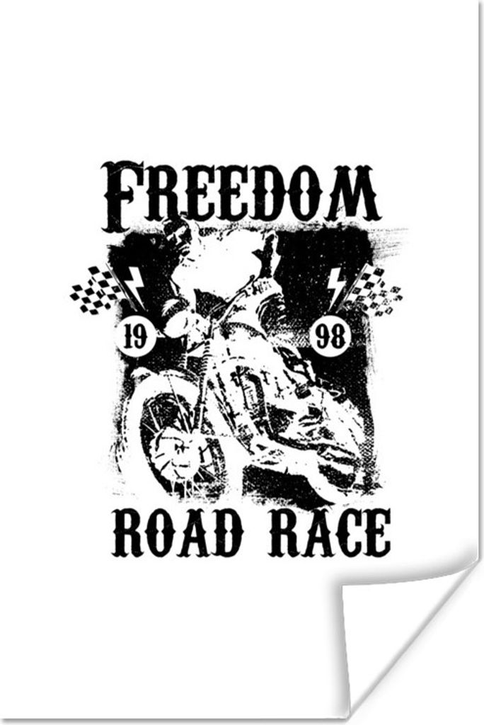 MuchoWow Poster Zitat "Freedom road rage" mit Retro-Illustration eines Motorrads in weiß 40x60 cm - Plakate für die Wand - Poster Babyzimmer