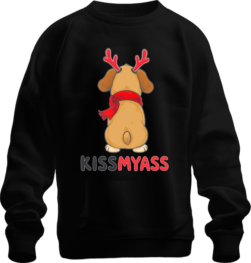 KISS MY ASS lustiger Weihnachtshund Rentierohren Cartoon Spruch Uni Sweatshirt Pullover, Schwarz, S