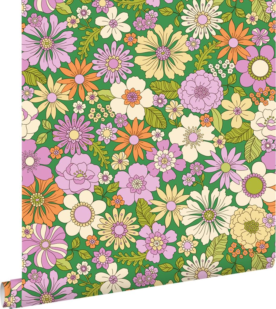 ESTAhome Tapete Retro Blumen Grün, Lila, Beige und Orange 50 x 900 cm