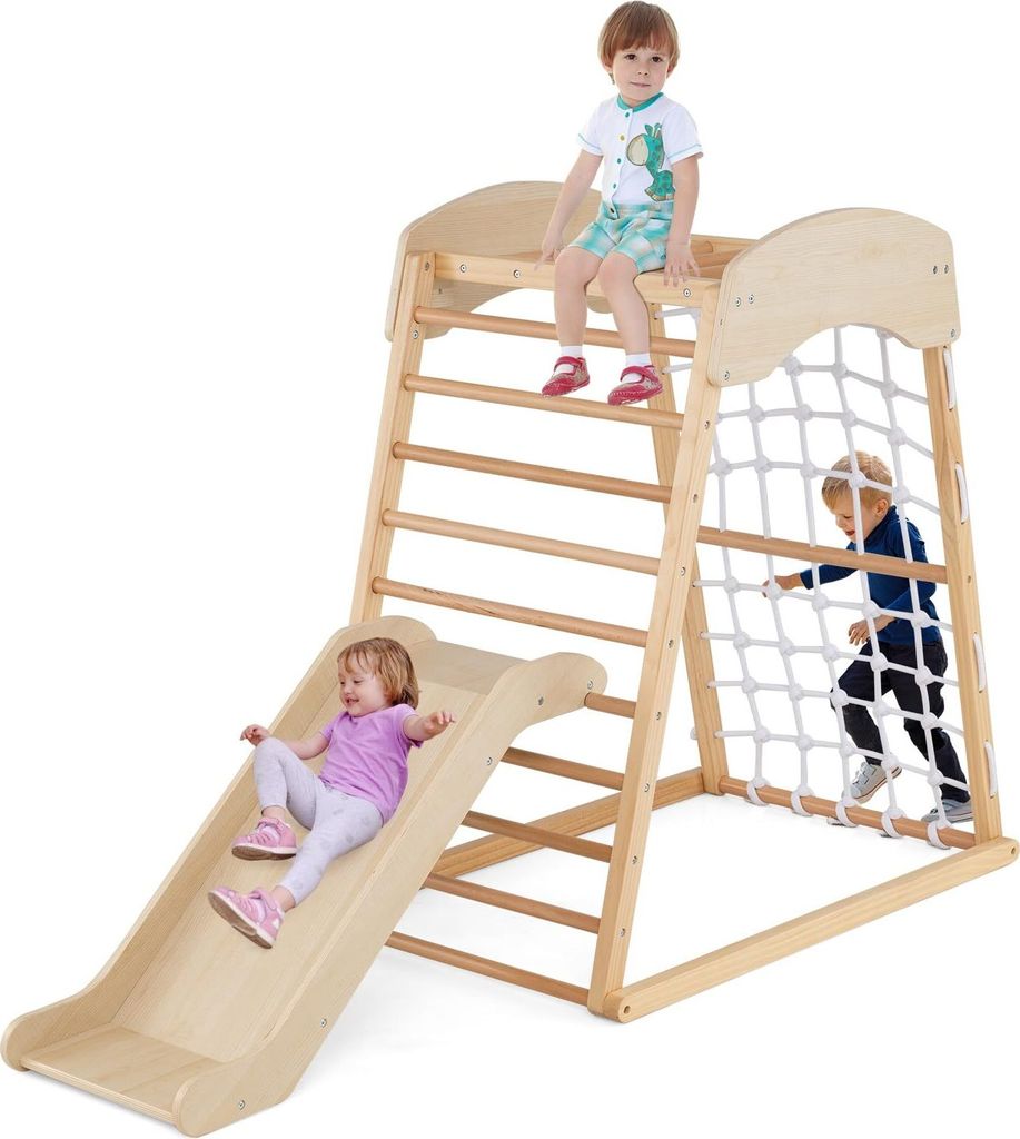 GOPLUS 4 in 1 Kinder Klettergerüst, Kletterspielset mit Kletterleiter & Rutsche & Kletternetz & Kletterstangen, Spielturm
