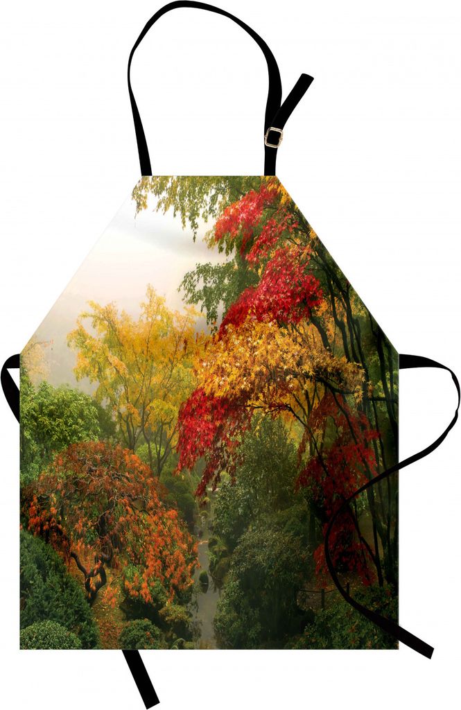 ABAKUHAUS Garten Kochschürze, Ahornbäume im Herbst in Portland Japanischer Garten Eine nebelige Morgen-Landschaft, Farbfest Höhenverstellbar Was...