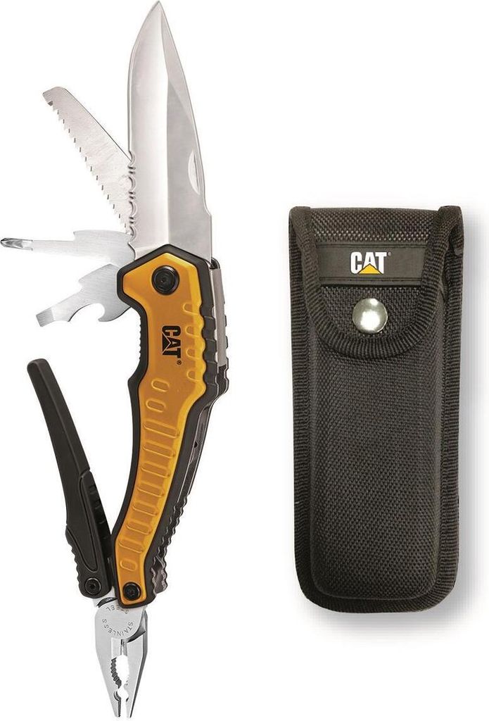 A CAT multitool and its sheath are displayed against a white background.