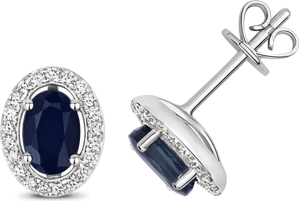 9 Karat (375) Weißgold Damen - Diamant Paar Ohrstecker Brillant-Schliff 0.18 Karat HI - I1 mit Saphir - 10mm*8mm; TRS3226