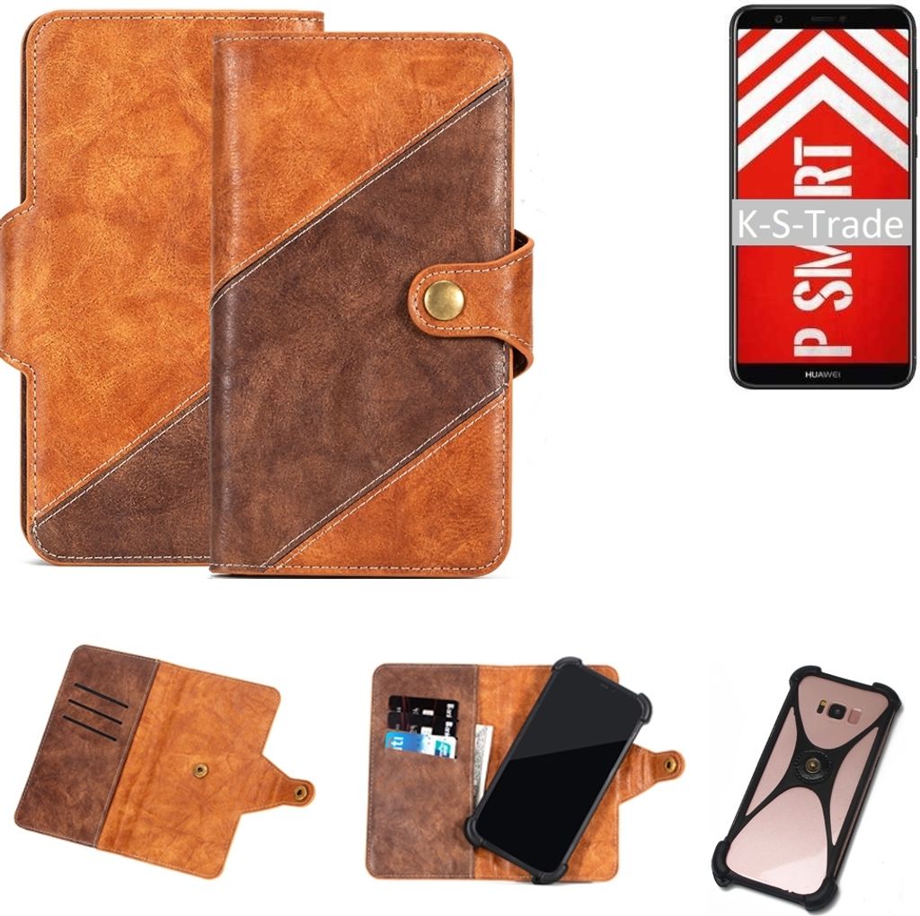 K-S-Trade Handy-Hülle Schutz-Hülle Bookstyle Case Wallet-Case kompatibel mit Huawei P Smart Handy Cover Bumper Kantenschutz Smartphone dunkelbraun