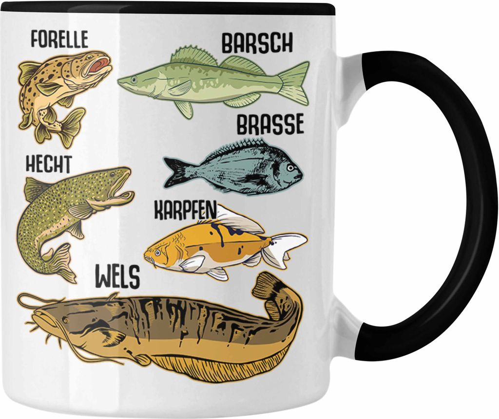 Trendation - Angler Fischer Tasse mit Fischarten Geschenk Raubfische Hobbyangler Hecht Forelle Barsch Angeln Kaffeetasse (Schwarz)