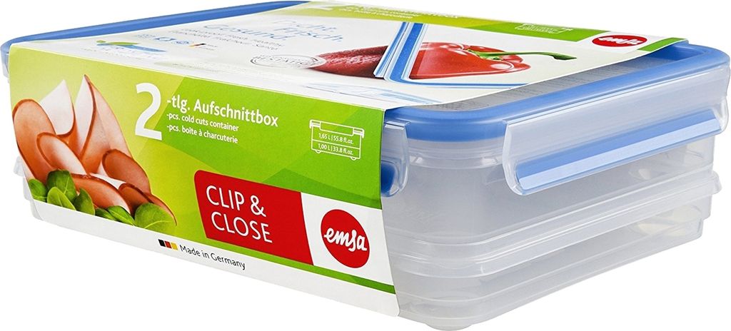 The image shows the packaging of an emsa Aufschnittbox CLIP & CLOSE food container.