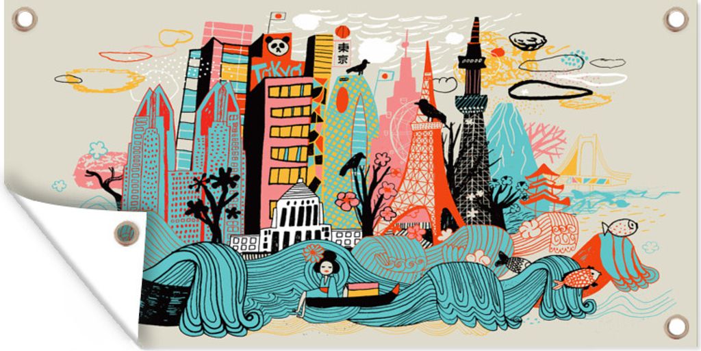 MuchoWow 60x40 cm Outdoor-Poster Gartendeko Sichtschutz Garten Poster für den Garten Bunte Illustration von Tokio