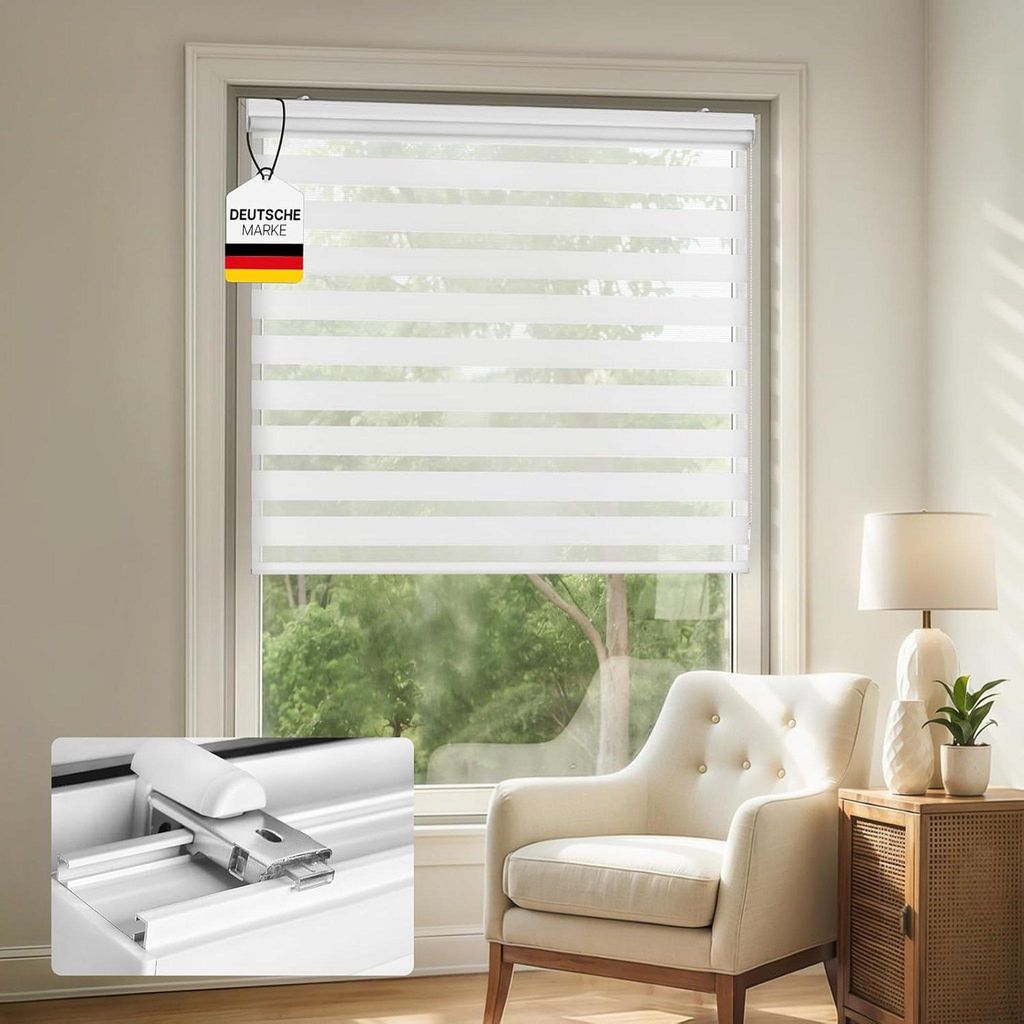 Victoria M. Premium Klemmfix Doppelrollo / Duo Rollo, 140 x 230 cm, weiß Premium Lichtdurchlässig und verdunkelnd mit Kettenzug Ohne Bohren