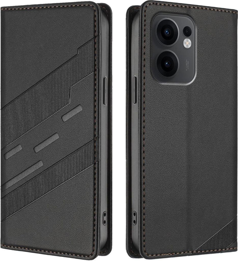 Hülle für Oppo Reno13 F 4G/5G / Reno13 FS 5G - Phonesta Embossed Lines Book Wallet Klapphülle - Schwarz