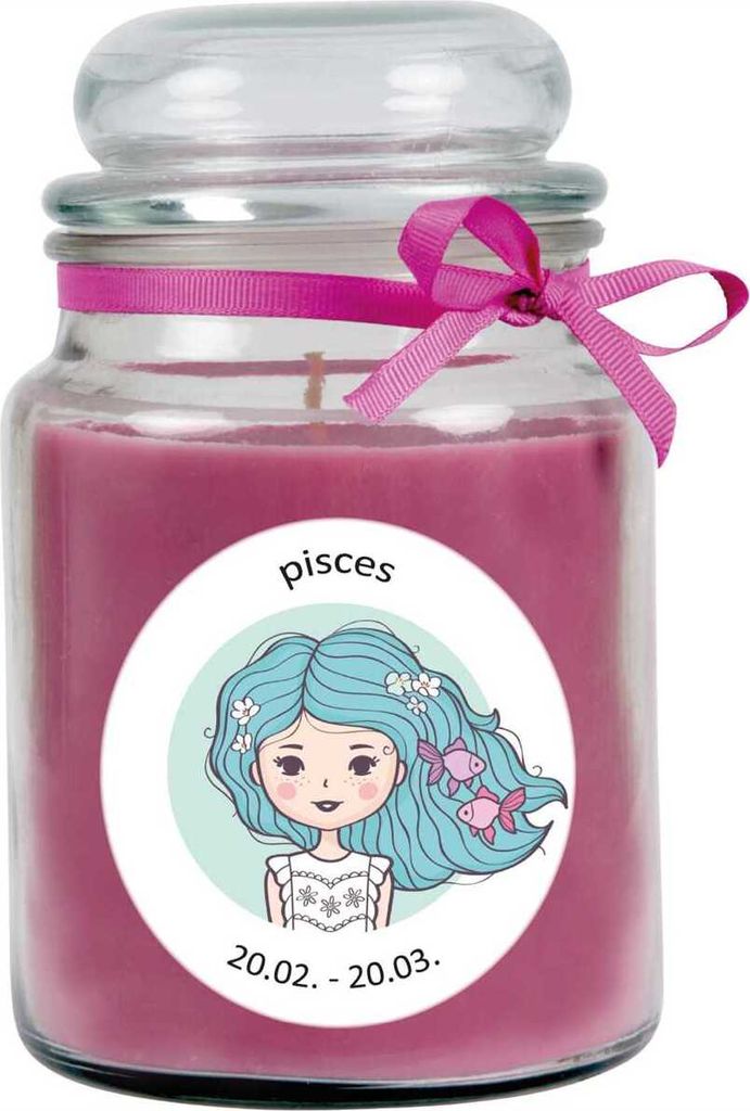 HS Candle "Sternzeichen" Duftkerze Lavendel im Bonbonglas ( Fische ) - viele Motive zur Auswahl, 500g - Brenndauer bis zu 110 Std - Pisces