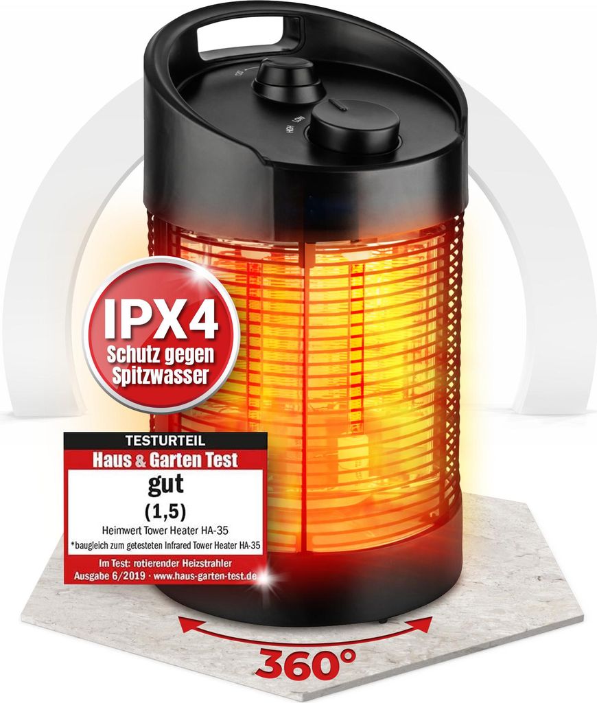 A tower heater is shown on a textured surface with a circular arrow indicating 360-degree rotation. There are promotional overlays and text.
