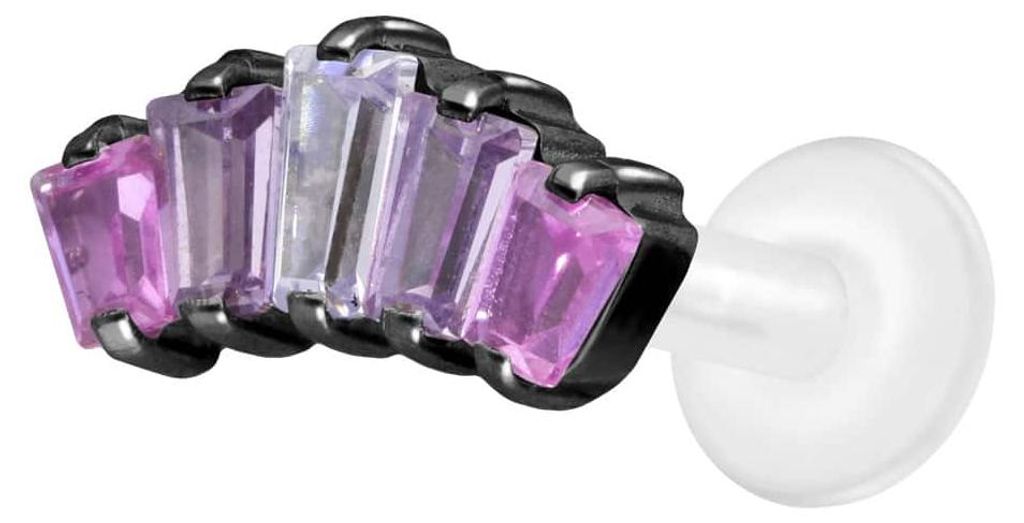 Ohrpiercing, Nasenpiercing PTFE Labret mit Innengewinde + Titan-Aufsatz 5 EINGEFASSTE KRISTALLRECHTECKE Schwarz Stablänge: 8mm | Stabstärke: 1,6mm