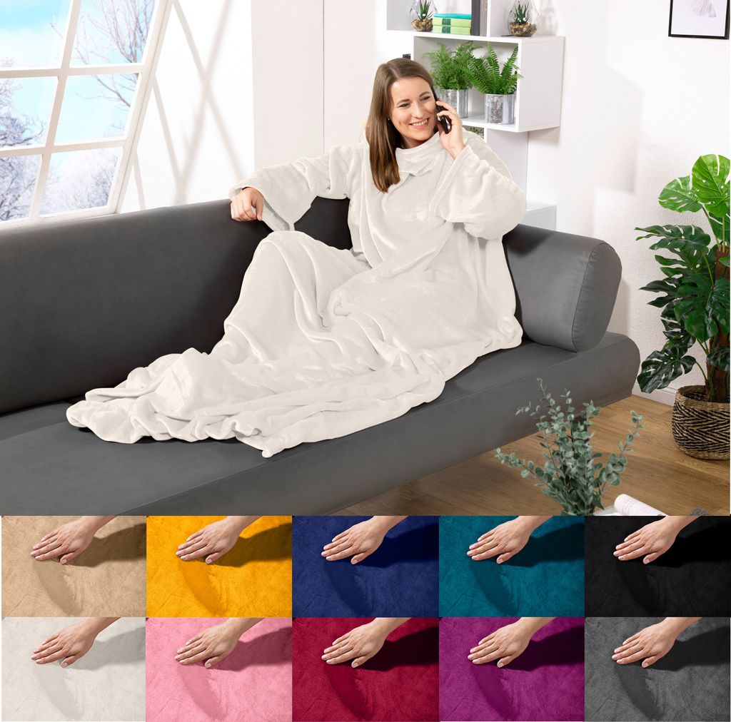 heimtexland Ärmeldecke TV Kuscheldecke mit Ärmeln Taschen Fußsack Super Soft Flanell tragbare Decke Ganzkörperdecke Typ870 Creme 180x150 cm