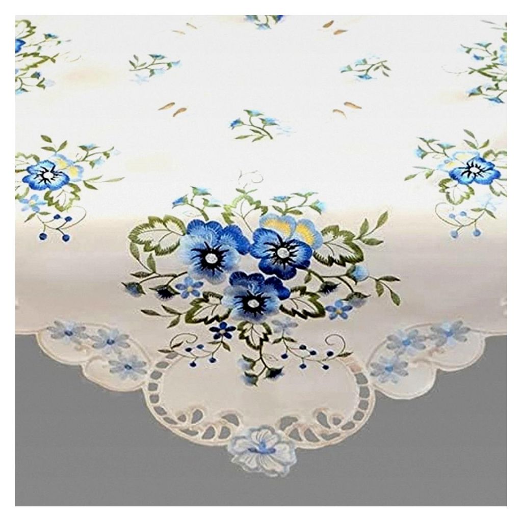 Tischdecke, Tischläufer, Mitteldecke, Deckchen, Kissenhülle mit Stiefmütterchen in Blau und Hellblau auf cremefarbenem Untergrund (85 x 85 cm)