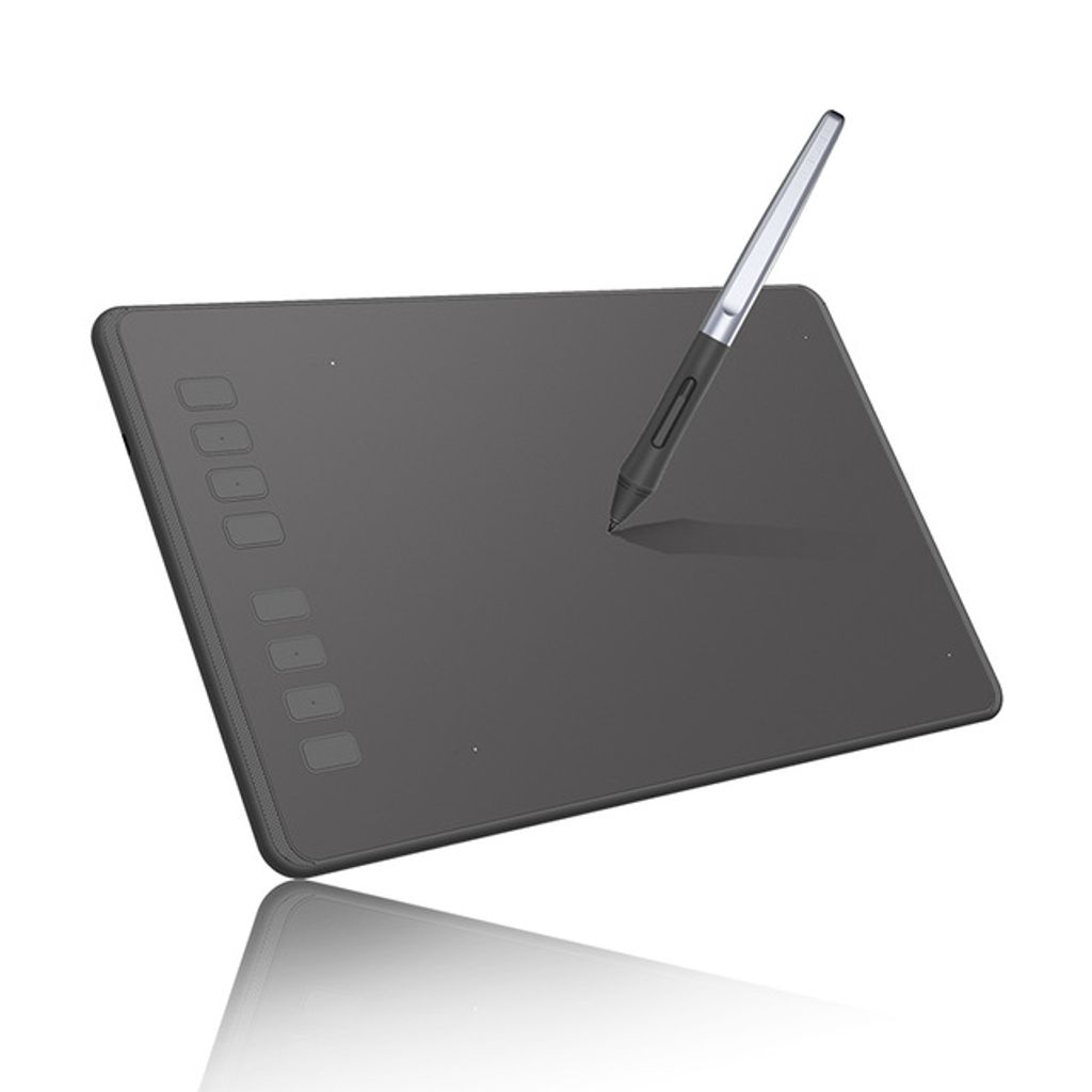 A black graphics tablet with a stylus resting on it, presented on a white background with a reflection.