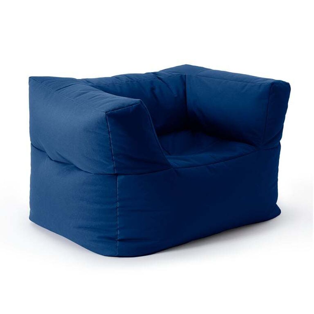 A navy blue beanbag chair is shown against a white background.