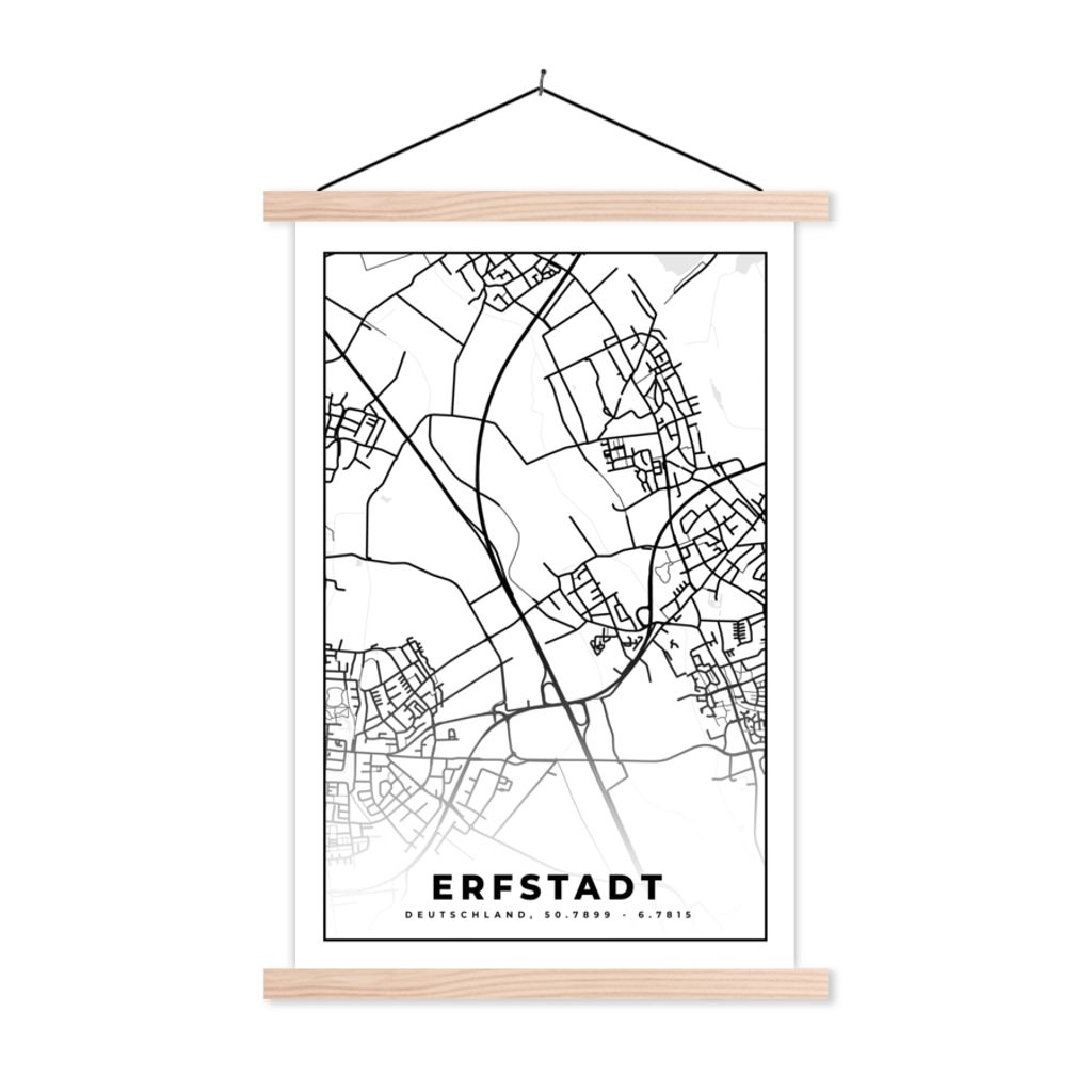 MuchoWow Textilposter Stadtplan - Karte - Erfstadt 60x90 cm mit holzfarbenen Rahmen - Textil